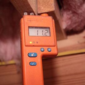 Utilisation d'un humidimètre pour vérifier l'humidité du bois dans les combles.
