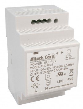 Altech PSD-6024 Low-Profile Single-Phase DIN Rail Power Supply, 100 to 240 V, 24 V-
