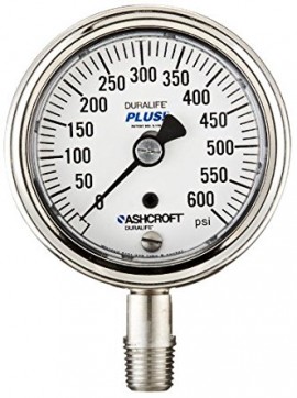 Ashcroft 1009 Pressure Gauge, 0 to 600 psi, 2.5&amp;quot; dial, &amp;frac14;&amp;quot; NPT male lower, SS housing-