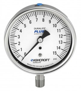 Ashcroft 1009 Pressure Gauge, 0 to 50 psi, 3.5" dial, ¼" NPT male lower, SS housing-