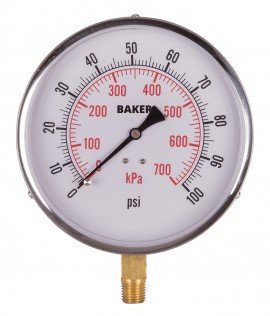 Baker 421AVND Series Pressure Gauge, 0 to 100 psi/0 to 700 kPa, 4.5&amp;quot; dial, &amp;frac14;&amp;quot; NPT bottom, SS housing-