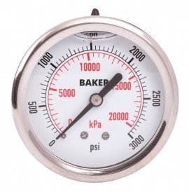 Baker AHNC Series Liquid Filled Pressure Gauge, 0 to 3000 psi/0 to 21,000 kPa, 2.5&amp;quot; dial, &amp;frac14;&amp;quot; NPT back, SS housing-