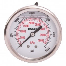 Baker AHNC Series Liquid Filled Pressure Gauge, 0 to 6000 psi/0 to 42,000 kPa, 2.5&amp;quot; dial, &amp;frac14;&amp;quot; NPT back, SS housing-