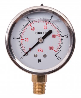Baker AVNC Series Liquid Filled Pressure Gauge, 0 to 15 psi/0 to 100 kPa, 2.5&amp;quot; dial, &amp;frac14;&amp;quot; NPT bottom, SS housing-