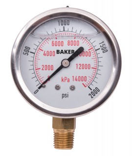 Baker AVNC-2000P Manom&amp;egrave;tre, rempli de glyc&amp;eacute;rine, connexion inf&amp;eacute;rieure &amp;frac14;&amp;rsquo;&amp;rsquo; NPT, 0 &amp;agrave; 2 000 psi/0 &amp;agrave; 14 000 kPa-