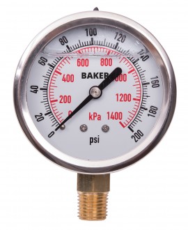 Baker AVNC Series Liquid Filled Pressure Gauge, 0 to 200 psi/0 to 1400 kPa, 2.5&amp;quot; dial, &amp;frac14;&amp;quot; NPT bottom, SS housing-