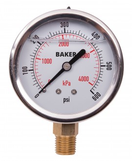 Baker AVNC Series Liquid Filled Pressure Gauge, 0 to 600 psi/0 to 4200 kPa, 2.5&amp;quot; dial, &amp;frac14;&amp;quot; NPT bottom, SS housing-