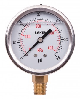 Baker AVNC-60P Manom&amp;egrave;tre, rempli de glyc&amp;eacute;rine, connexion inf&amp;eacute;rieure &amp;frac14;&amp;rsquo;&amp;rsquo; NPT, 0 &amp;agrave; 60 psi/0 &amp;agrave; 400 kPa-