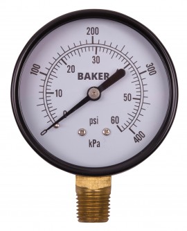 Baker LVBNA Series Pressure Gauge, 0 to 60 psi/0 to 400 kPa, 2.5&amp;quot; dial, &amp;frac14;&amp;quot; NPT bottom, SS housing-