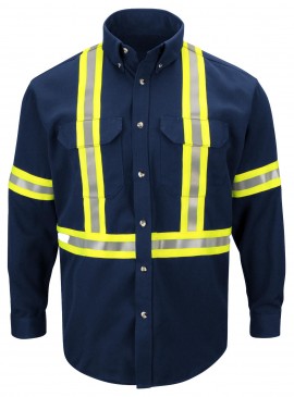 Bulwark SLUC Men&#039;s Midweight FR Enhanced Visibility Uniform Shirt with reflective trim, navy, 2xl-
