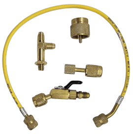 INFICON 501-601-G1 Small Charge Adapter Kit, includes T fitting, bottle adapters for R600 a and R290 bottles, and 2 mm ID refrigerant hose-