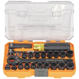Klein Tools 65400KNECT Jeu essentiel de douilles &amp;agrave; choc creuses KNECT&amp;trade;, SAE, m&amp;eacute;triques, 28&amp;nbsp;pi&amp;egrave;ces-