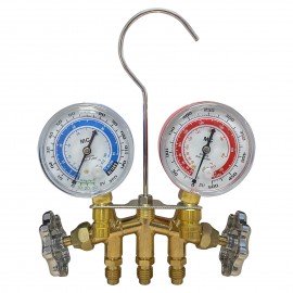 Mastercool 80103-M Ensemble de manom&amp;egrave;tres m&amp;eacute;triques avec collecteur en laiton &amp;agrave; 2 voies, manom&amp;egrave;tres de 63.5 mm et protecteurs de manom&amp;egrave;tres-