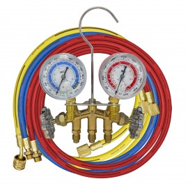 Mastercool 80161-M R134a 2-Way Brass Manifold Metric Gauge Set with 3 x 60&amp;quot; hoses, 3-&amp;frac18;&amp;quot; gauges-
