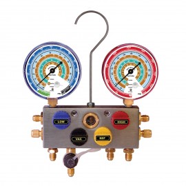 Mastercool 86796-G 4-Way Aluminum Manifold Gauge Set with SNAP-n-SEAL 90˚ coupler and protector guard, R134a-