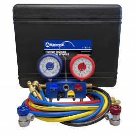 Mastercool 86996-G 4-Way Aluminum Manifold Gauge Set with manual coupler and protector guard, R134a-