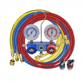 Mastercool 87772-M 2-Way Aluminum Manifold Gauge Set with SNAP-n-SEAL 90˚ coupler, metric, R134a-