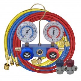 Mastercool 89636-G 2-Way Aluminum Manifold Gauge Set with manual coupler and protector guard, R134a-