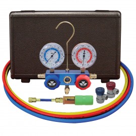 Mastercool 89661-UV 2-Way Aluminum Manifold Gauge Set with manual couplers and mini dye injector, 60" hoses, R134a-