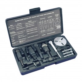 Mastercool 91000-A Deluxe Clutch Hub Puller and Installer Kit with a compressor identification chart and a custom molded case-