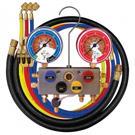 Mastercool 95561 4-Way 3/8&amp;quot; Bore Aluminum Manifold with 3 x 60&amp;quot; 1/4&amp;quot; SAE nylon barrier hoses, manual shut-off valves-