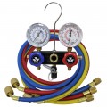 Mastercool 97661-MR 2-Way Metric Aluminum Manifold Set with 3 x 60&amp;quot; hose, shut-off valve fitting, and gauge guards-