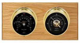 Maximum Portland 2S Two-Instrument Weather Station with oak panel, brass case, black dial-