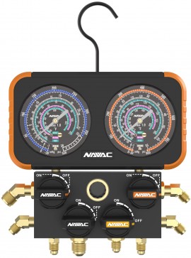 NAVAC N4A4B 4-Valve Manifold Gauge for the R454B, 32, 410A and 22, 3&amp;frac18;&amp;quot;-