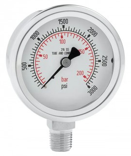Ralston ST-0026 Analog Pressure Gauge, 3,000 psi/200 bar, 0.25&quot; male NPT lower mount connection-