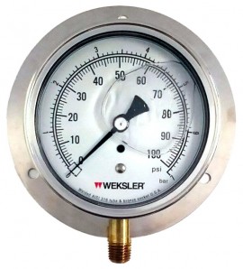 Ashcroft BYStainless Steel Pressure Gauge, 100 psi/7BR, 3.5&amp;quot; dial, &amp;frac14;&amp;quot; NPT lower, SS housing-