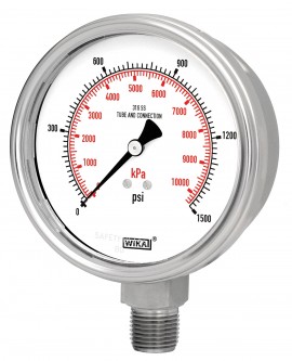 WIKA 233.54 Pressure Gauge, 0/10,000 kpa/kpa, 4&amp;quot; dial, &amp;frac12;&amp;quot; NPT lower mount, SS housing-
