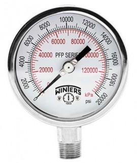 Winters PFP1019 Premium Stainless-Steel Liquid Filled Pressure Gauge, 0/20,000 psi/kPa, 0.5&amp;quot; back (LB)-