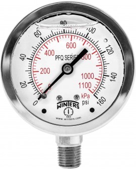Winters PFQ122 Liquid Filled Stainless Steel Gauge, 2.5&amp;quot; Dial, 0-160 PSI/KPA, 1/4&amp;quot; NPT Bottom-