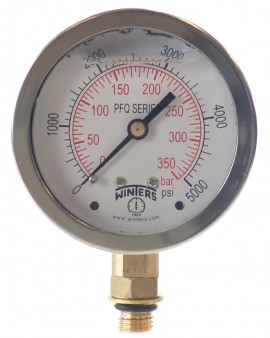 Winters PFQ-LF Series Lead-Free Liquid Filled Pressure Gauge, dual-scale 0 to 100 psi/kPa, 4" dial, &amp;frac14;" bottom NPT, lead-free brass-