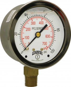 Winters PFQ804 Manom&amp;egrave;tre en laiton &amp;agrave; remplissage liquide, cadran de 6.35 cm, 0 &amp;agrave; 100 PSI/KPA, fond 0.64 cm NPT-