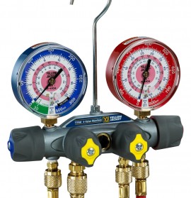 Yellow Jacket 49975 TITAN&amp;reg; 4-Valve Test and Charging Manifold A2L, 3-1/8&amp;quot; (80 mm) Gauges, PLUS II &amp;trade; 1/4&amp;quot; Hoses 60&amp;quot; 3-Pak RYB, Compact Ball Valve, PLUS II &amp;trade; 3/8&amp;quot; Vacuum/Charging Hose 60&amp;quot; Y, R-32/454B/410A PSI &amp;deg;F-