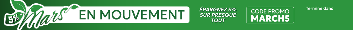 Bannière promotionnelle Mars en mouvement – 5 % de rabais supplémentaire sur les commandes en ligne.